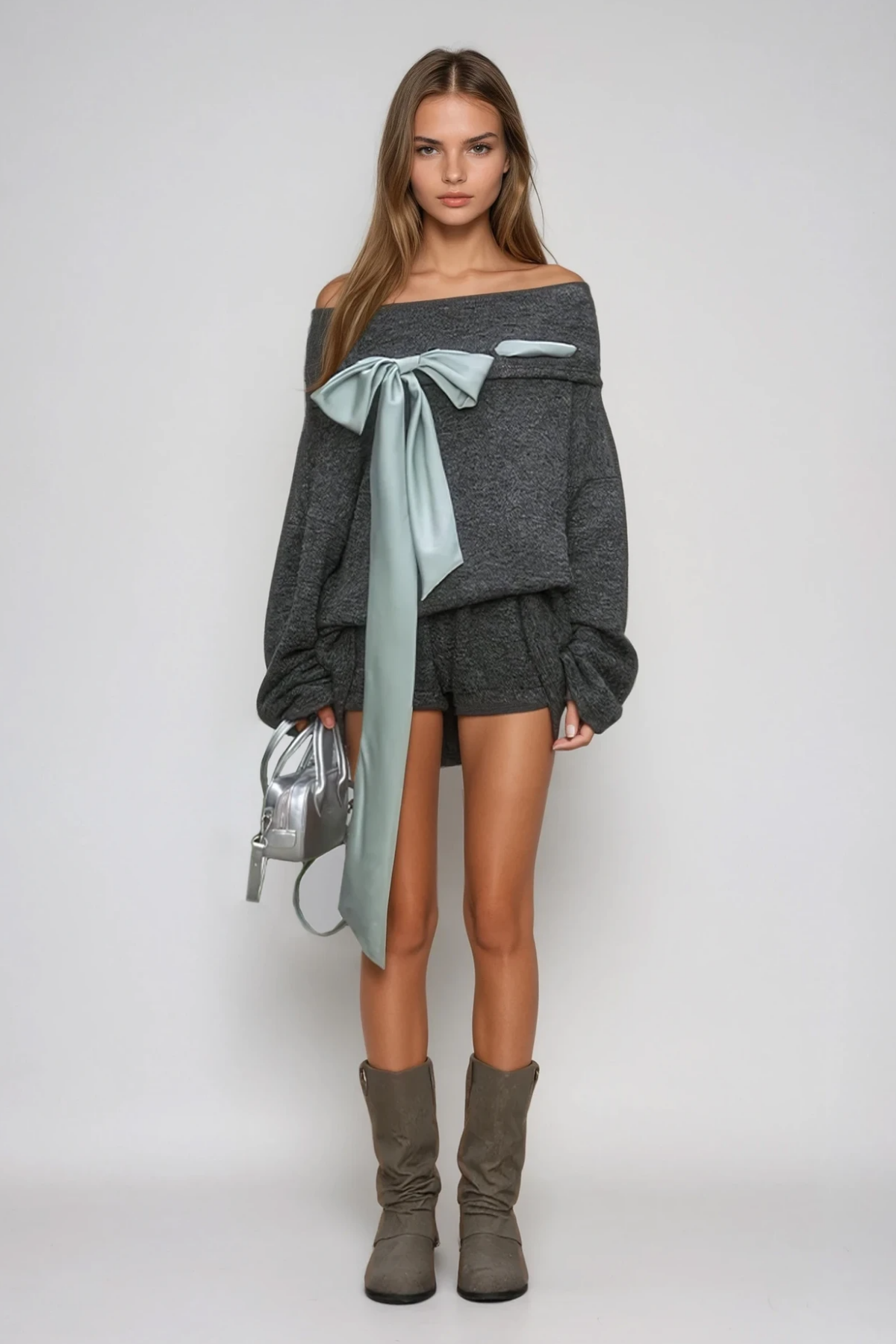 Domitius Bow Knit Pants Set In Grey