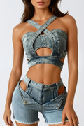 Dori Crop Denim Pants Set