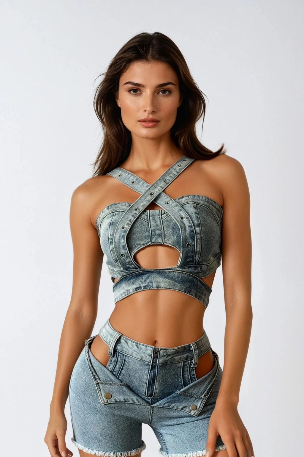 Dori Crop Denim Pants Set