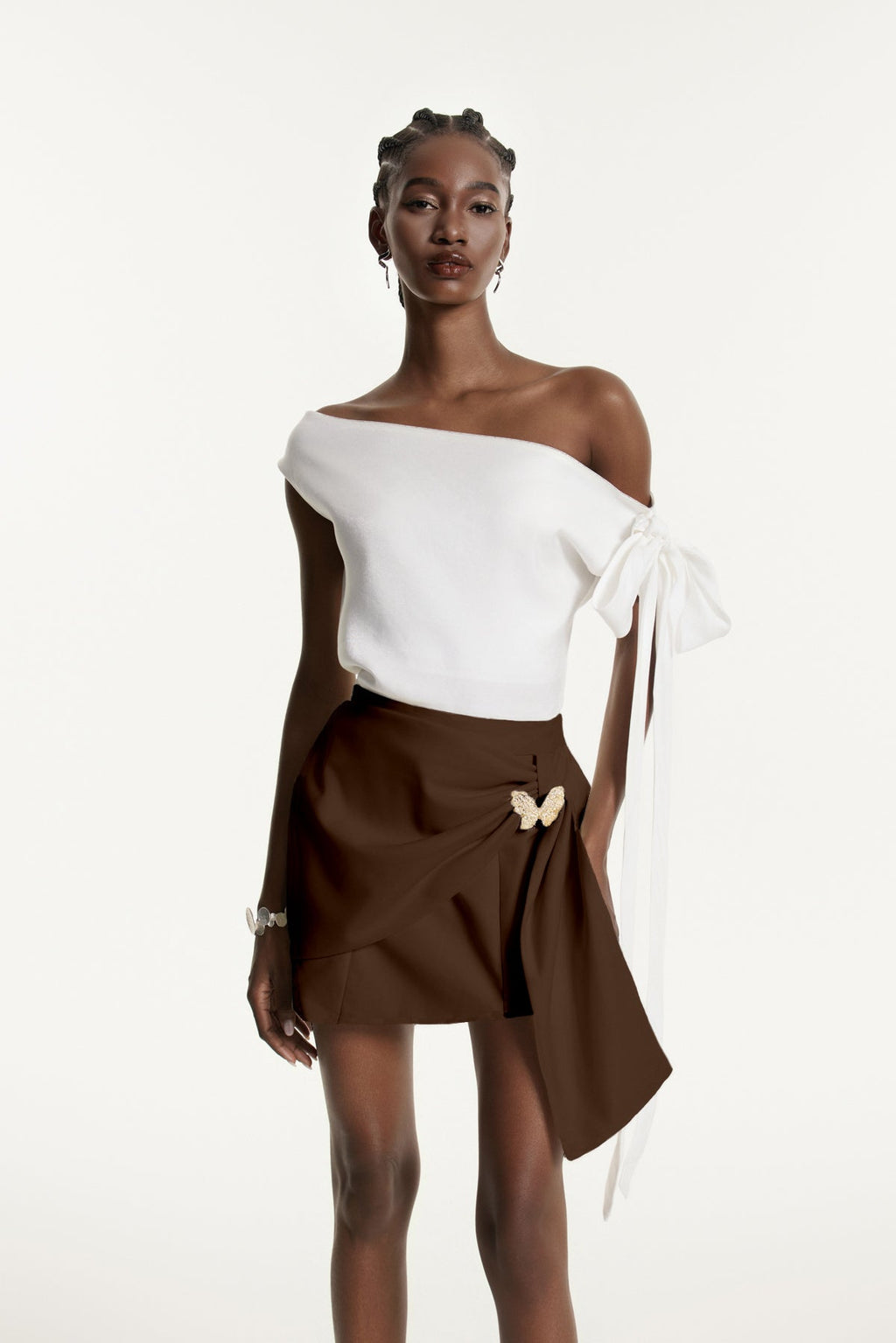 Ediz Asymmetric Ruch Skirt Set In Brown
