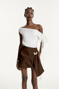 Ediz Asymmetric Ruch Skirt Set In Brown