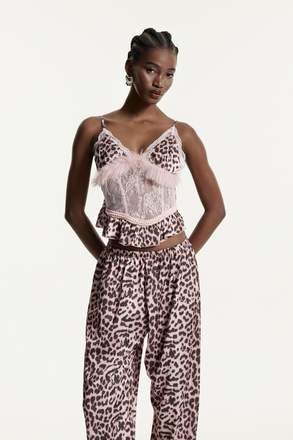 Eduards Leopard Faux Fur Lace Pants Set