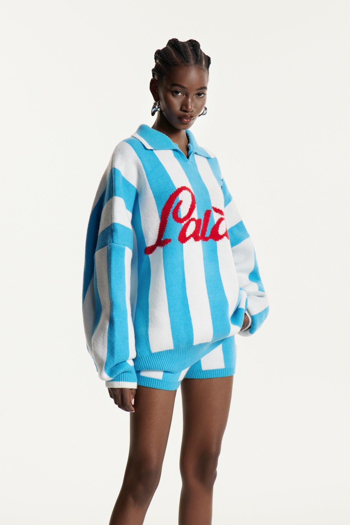 Edwena Stripe Knit Pants Set In Blue