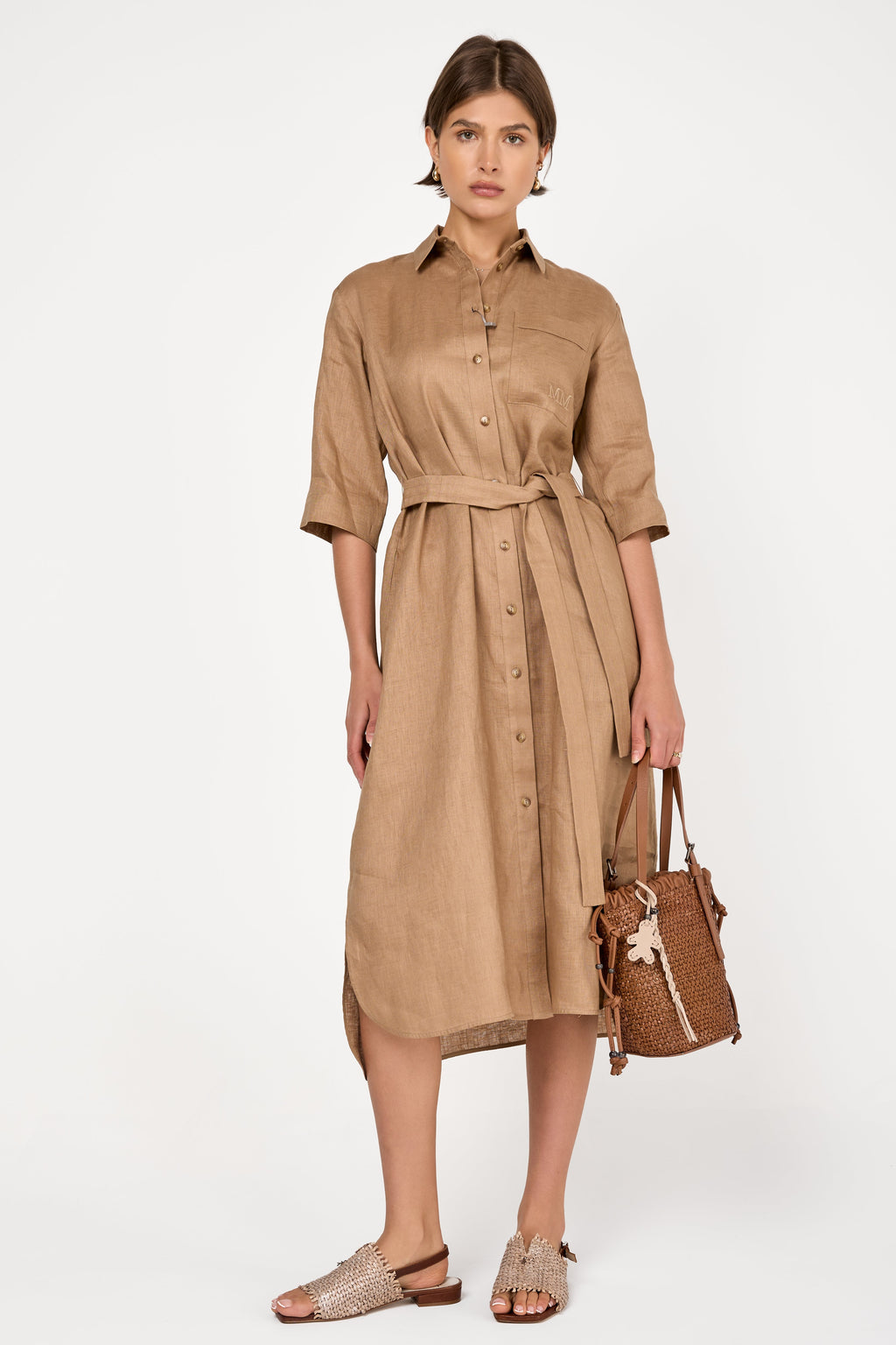 Salute Linen Button-Down Long Dress in Camel