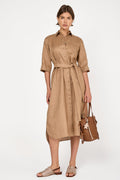 Salute Linen Button-Down Long Dress in Camel