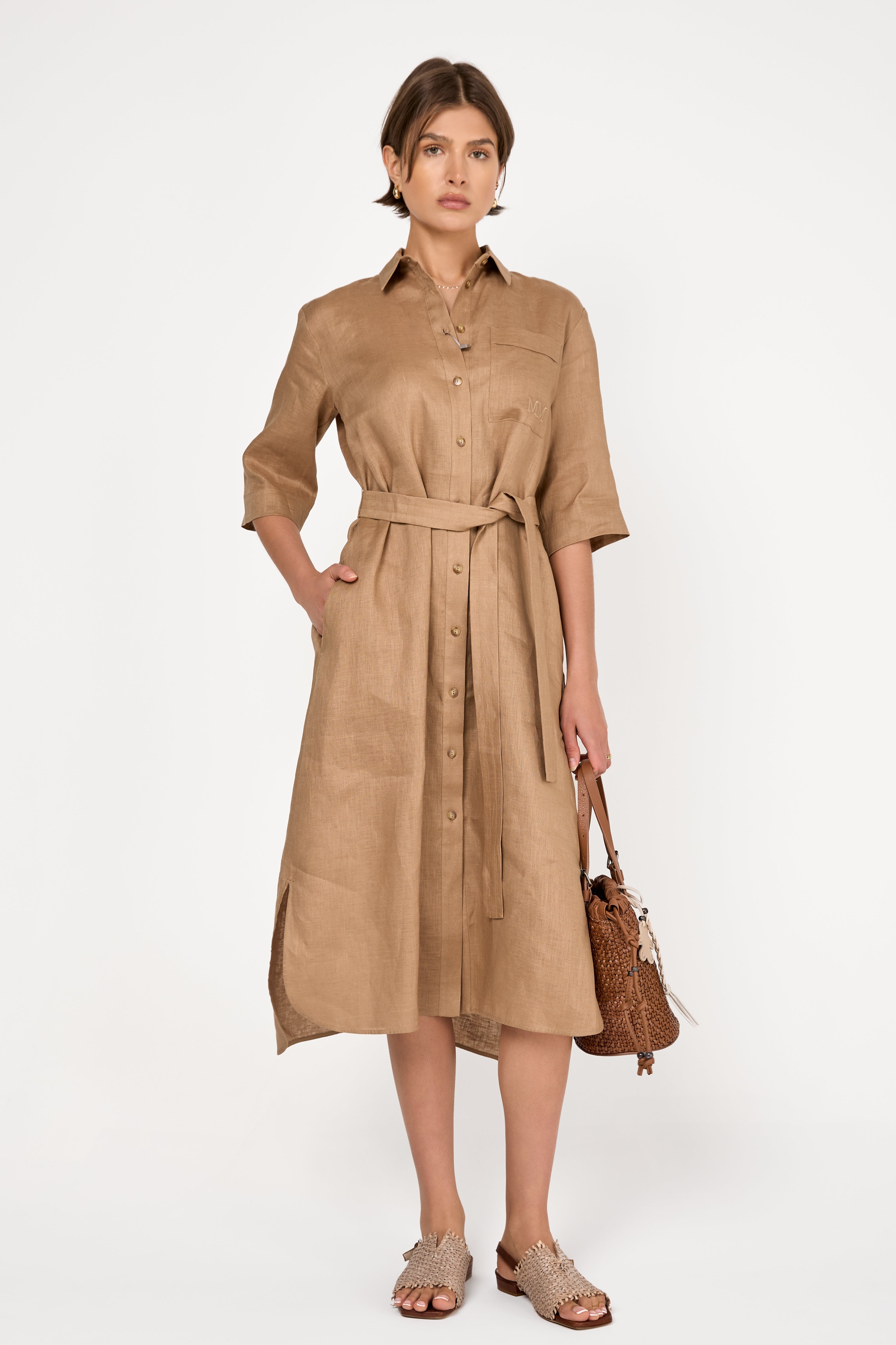 Salute Linen Button-Down Long Dress in Camel