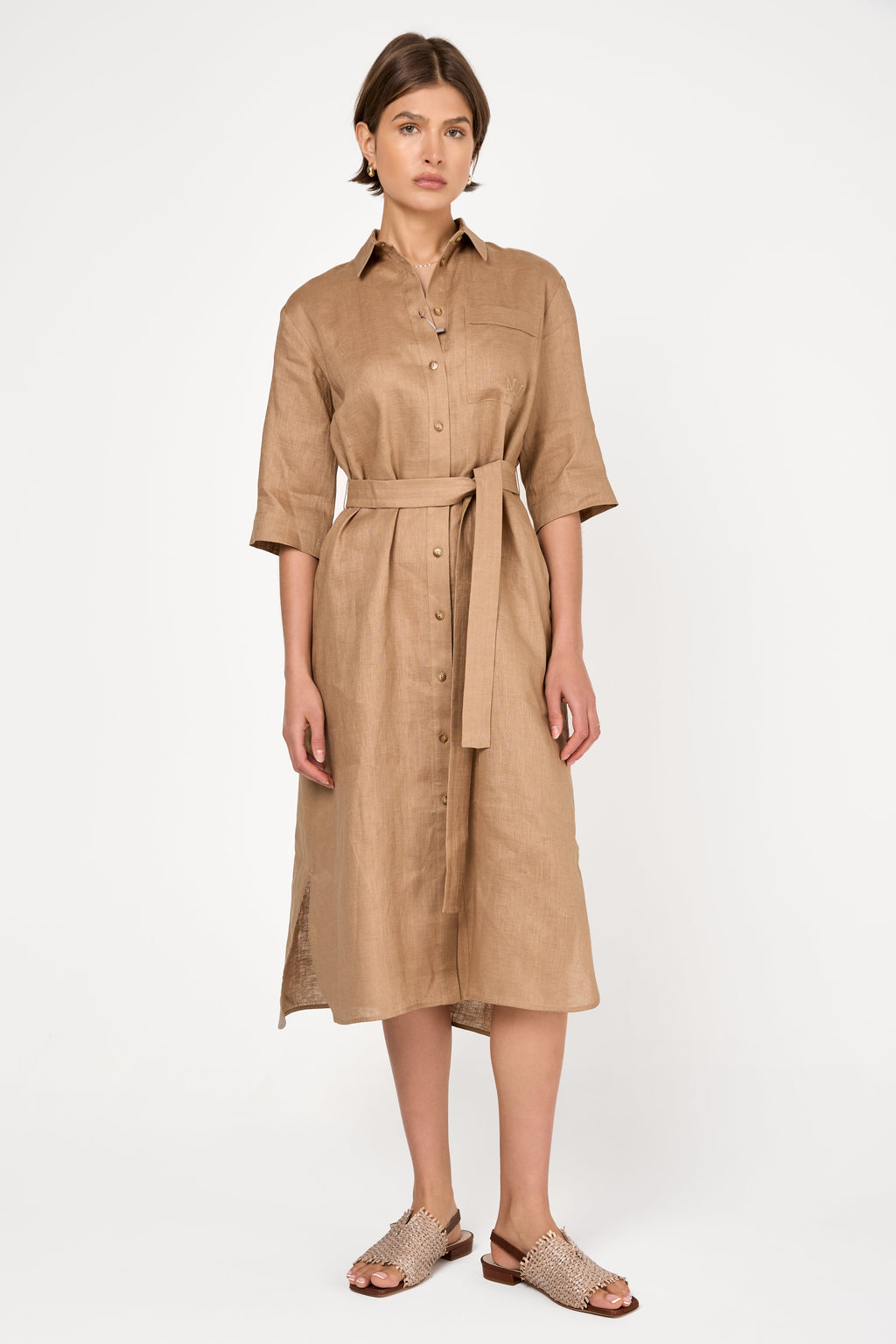 Salute Linen Button-Down Long Dress in Camel
