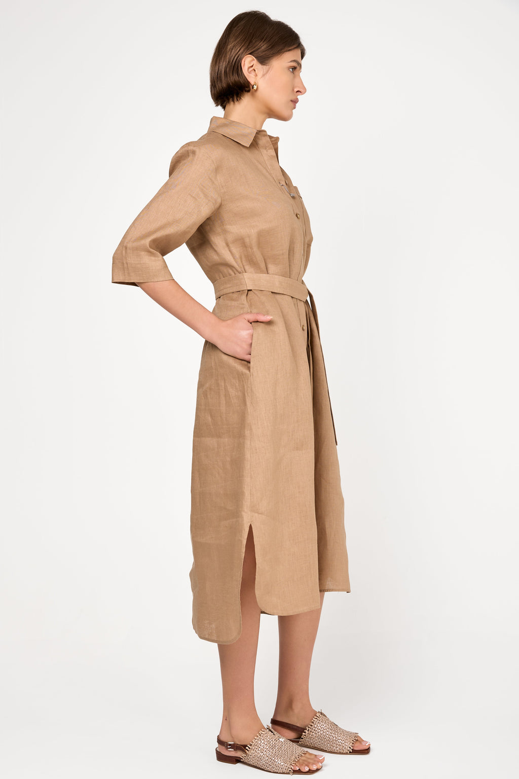 Salute Linen Button-Down Long Dress in Camel