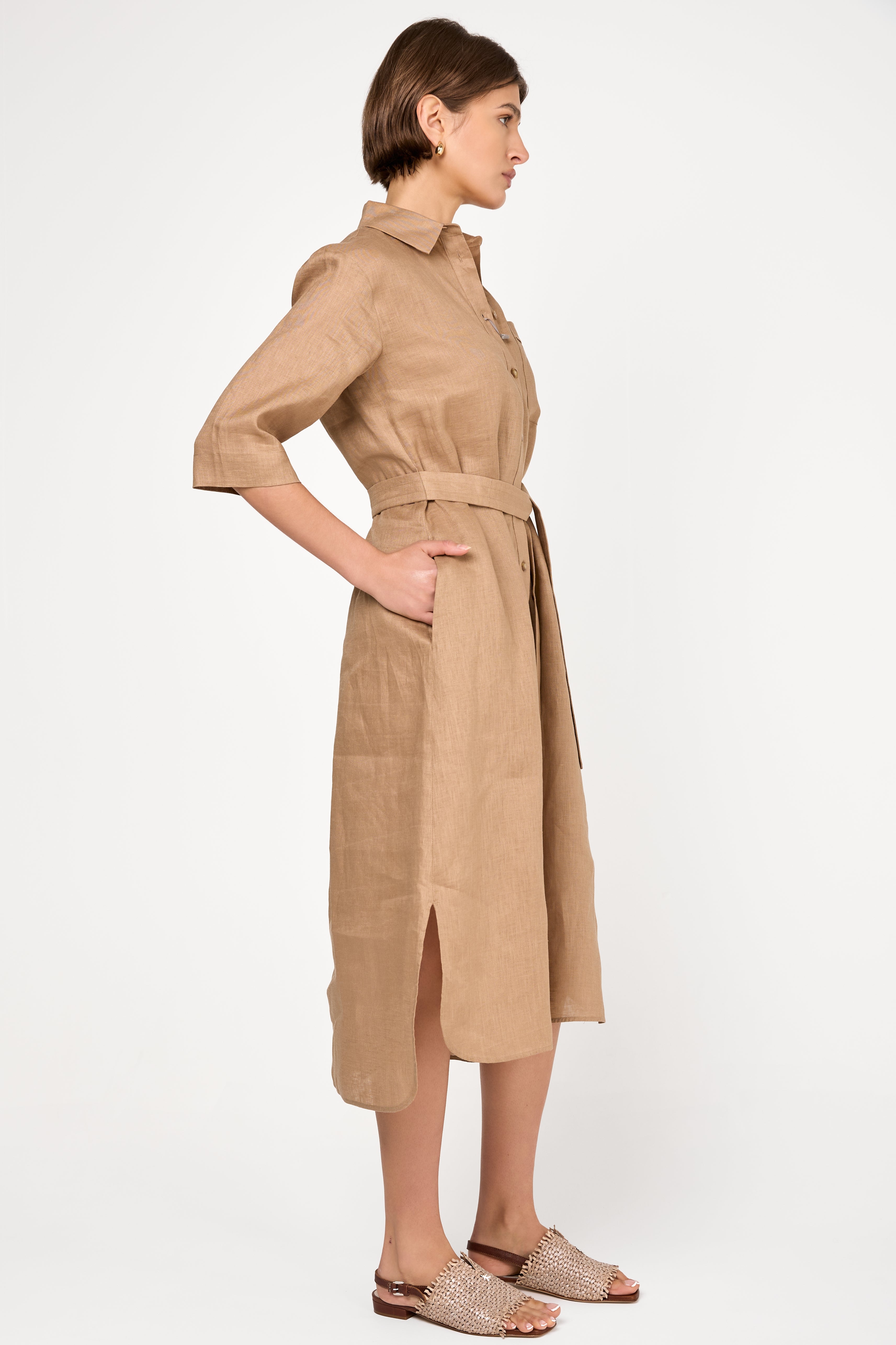 Salute Linen Button-Down Long Dress in Camel