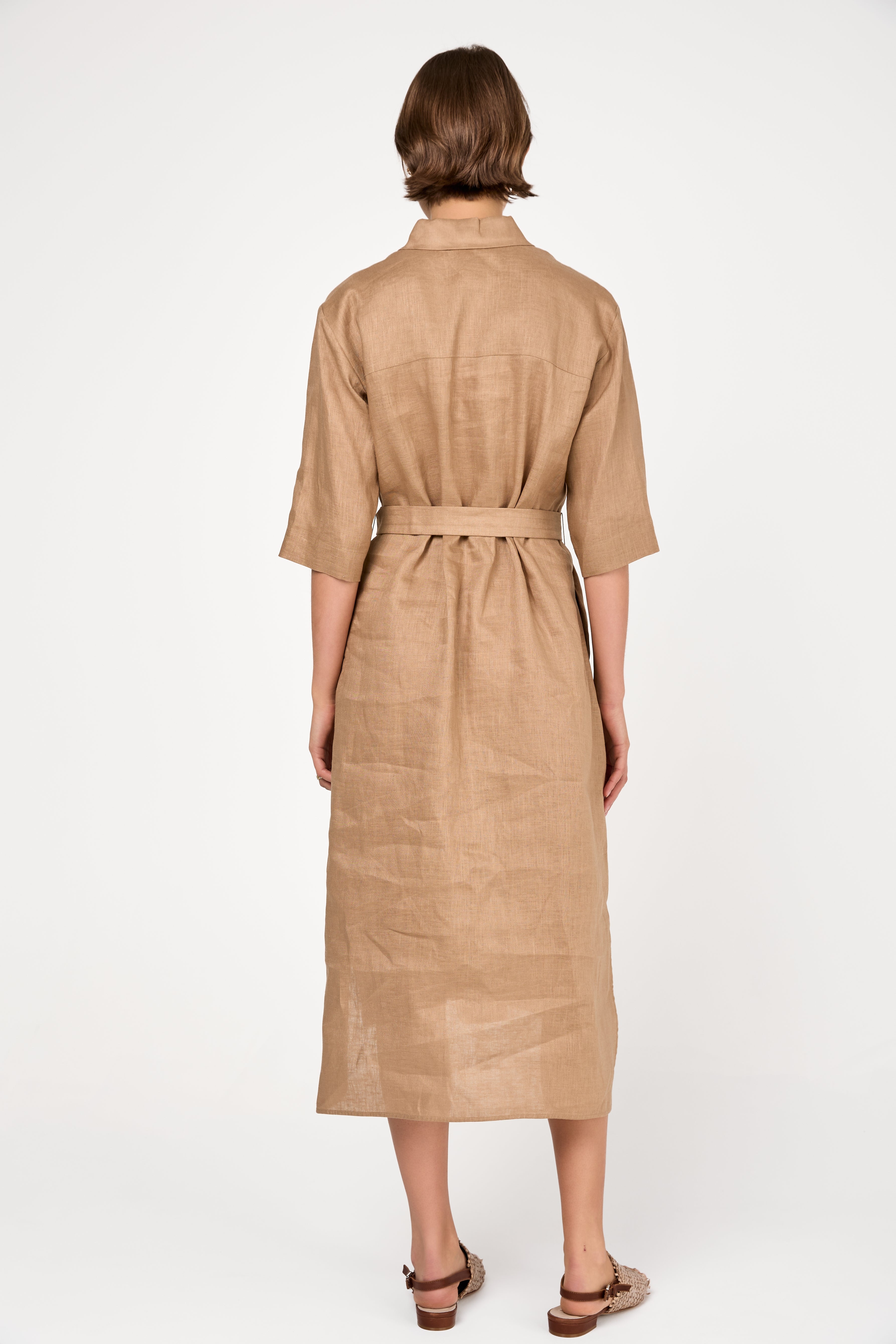 Salute Linen Button-Down Long Dress in Camel