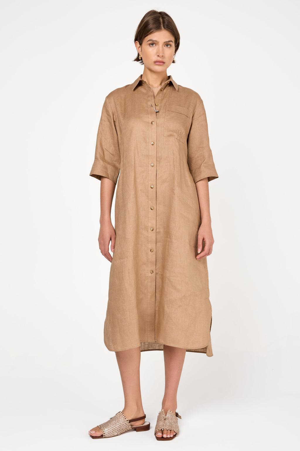 Salute Linen Button-Down Long Dress in Camel