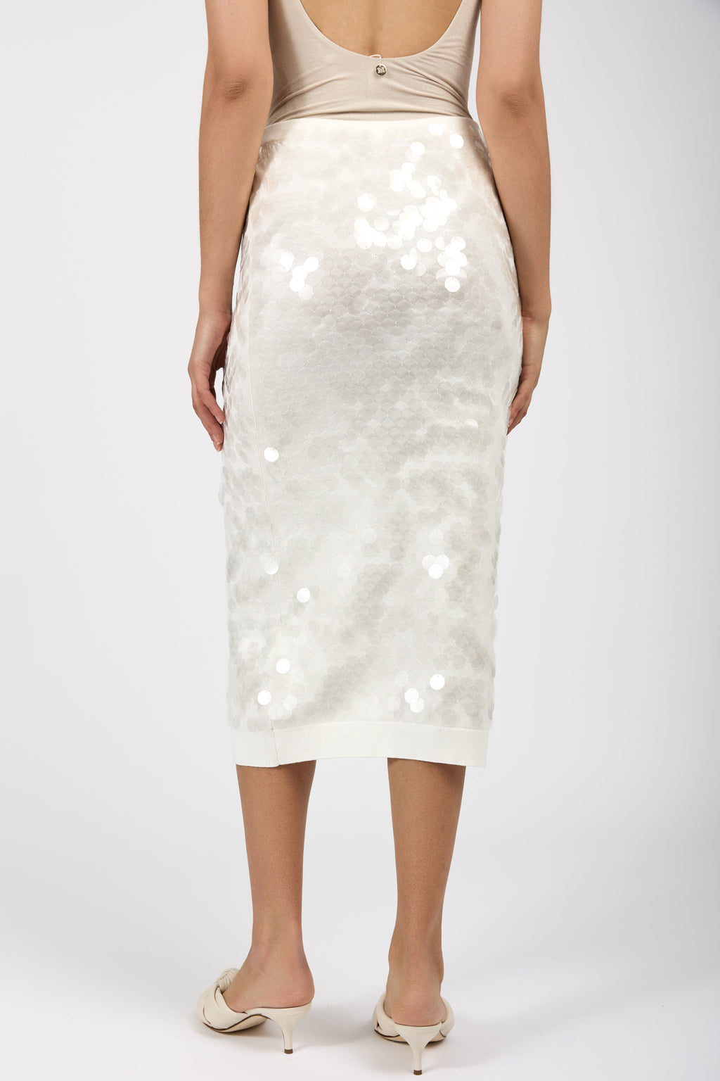 Sequined Cotton Midi Skirt in Milky White