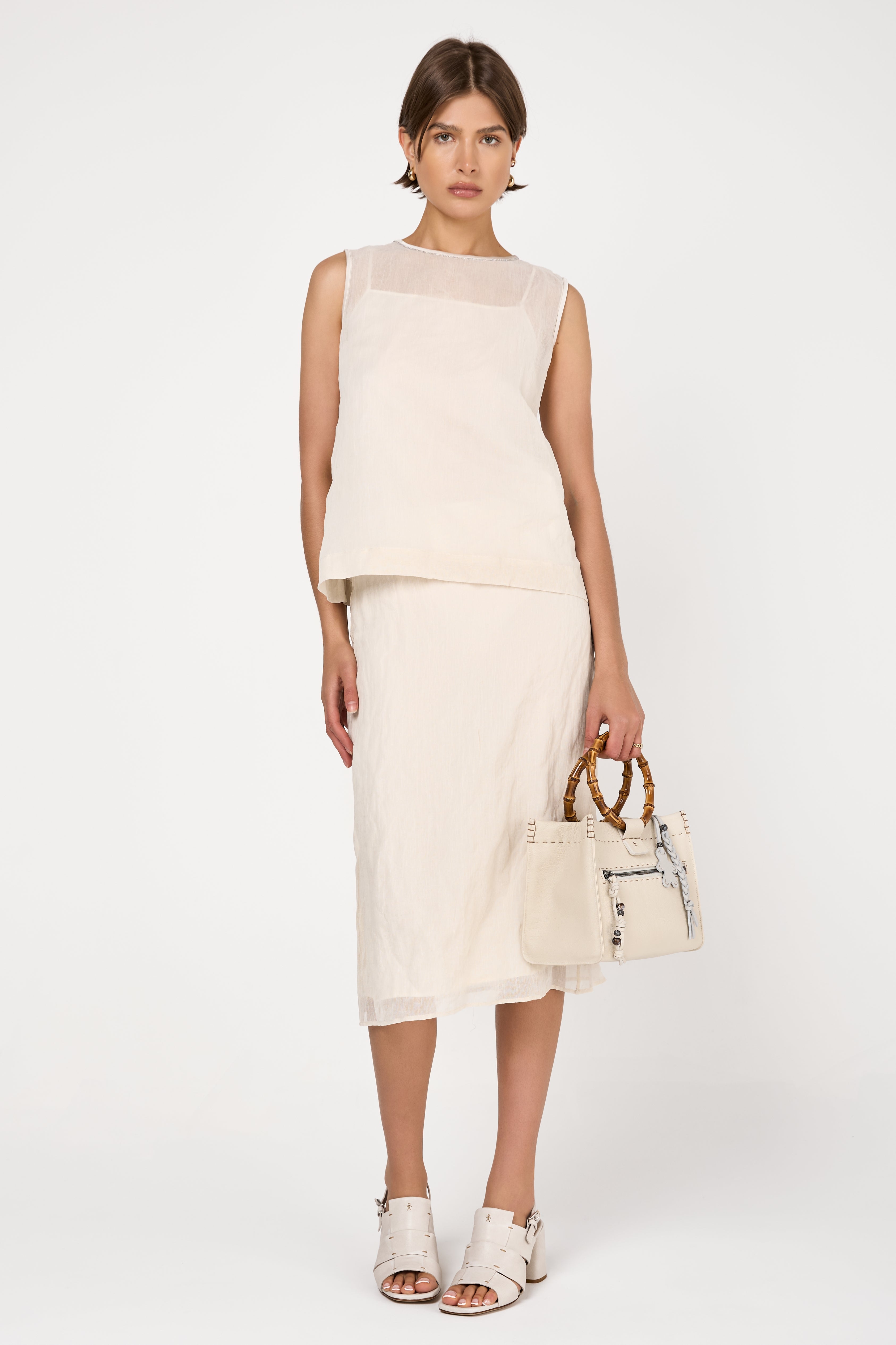 Lined Crushed Organza Midi Skirt in Almond White