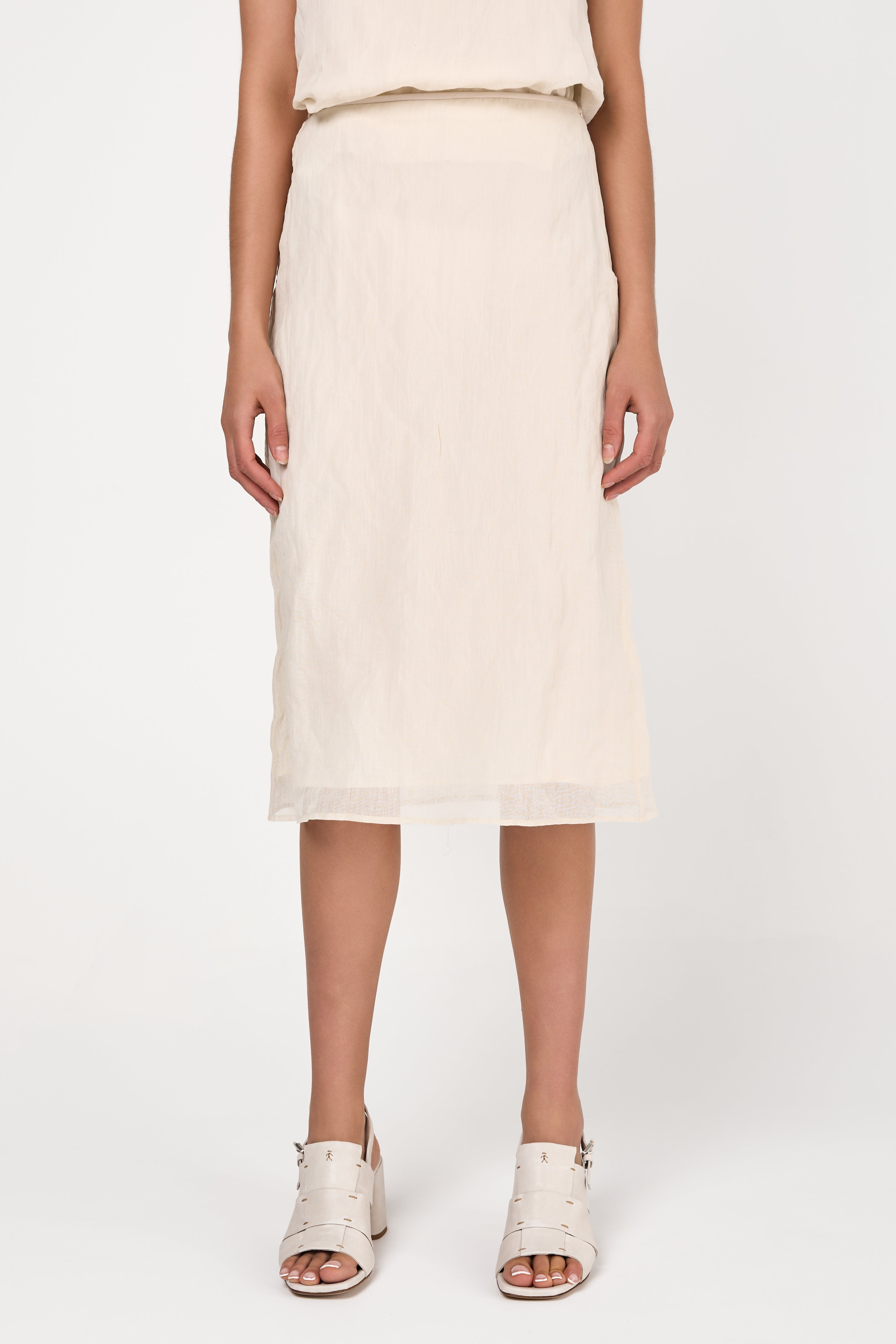 Lined Crushed Organza Midi Skirt in Almond White