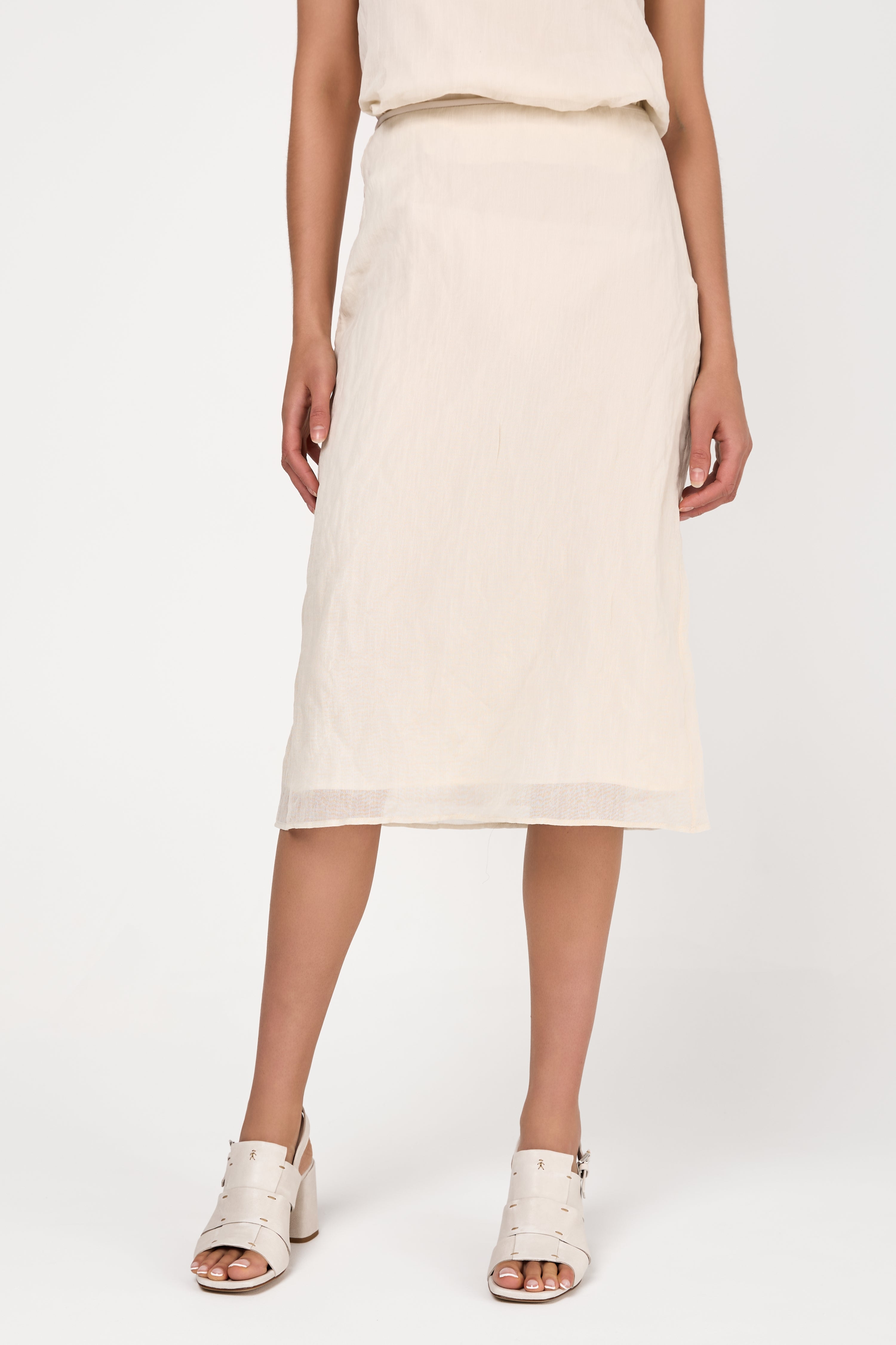 Lined Crushed Organza Midi Skirt in Almond White