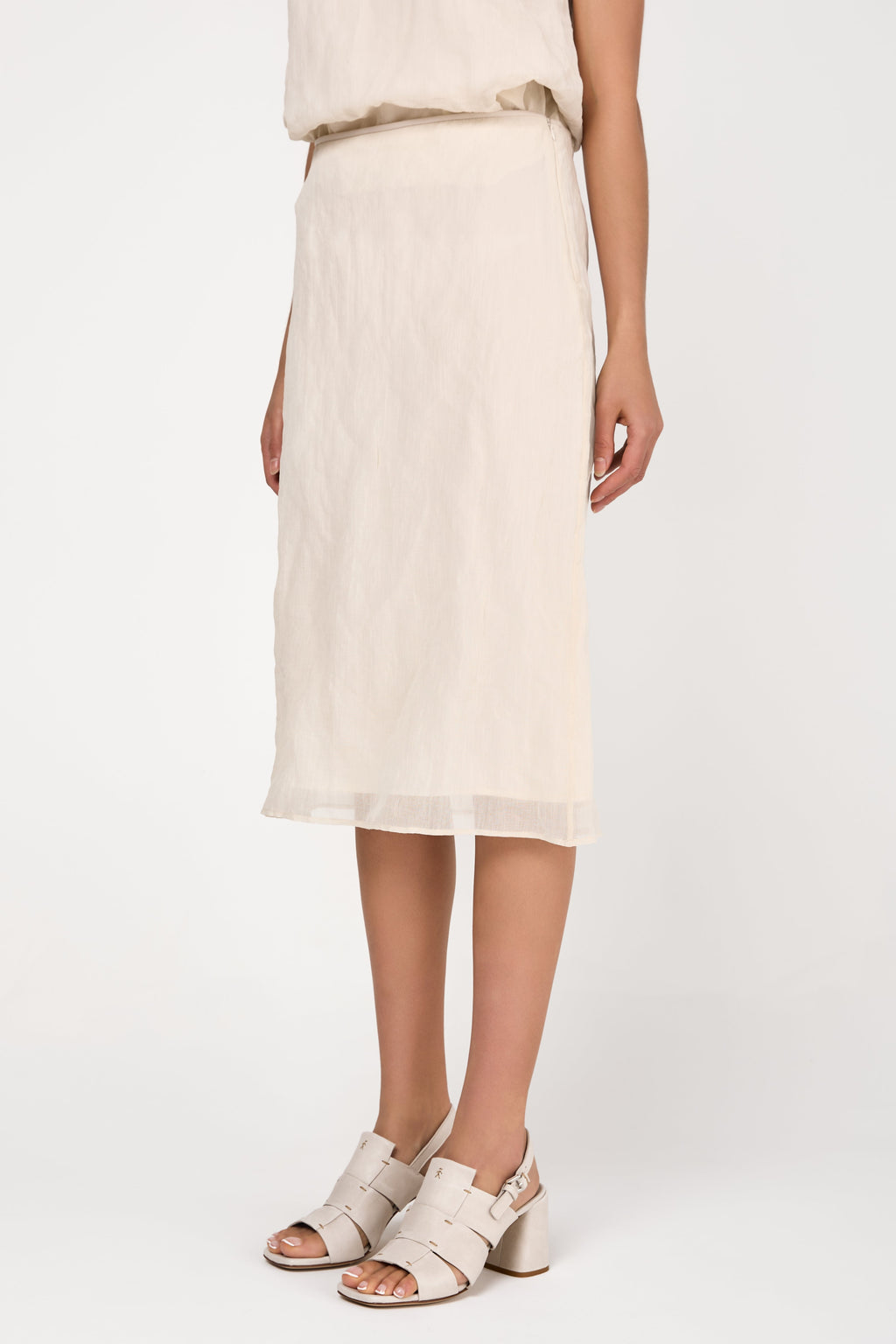 Lined Crushed Organza Midi Skirt in Almond White