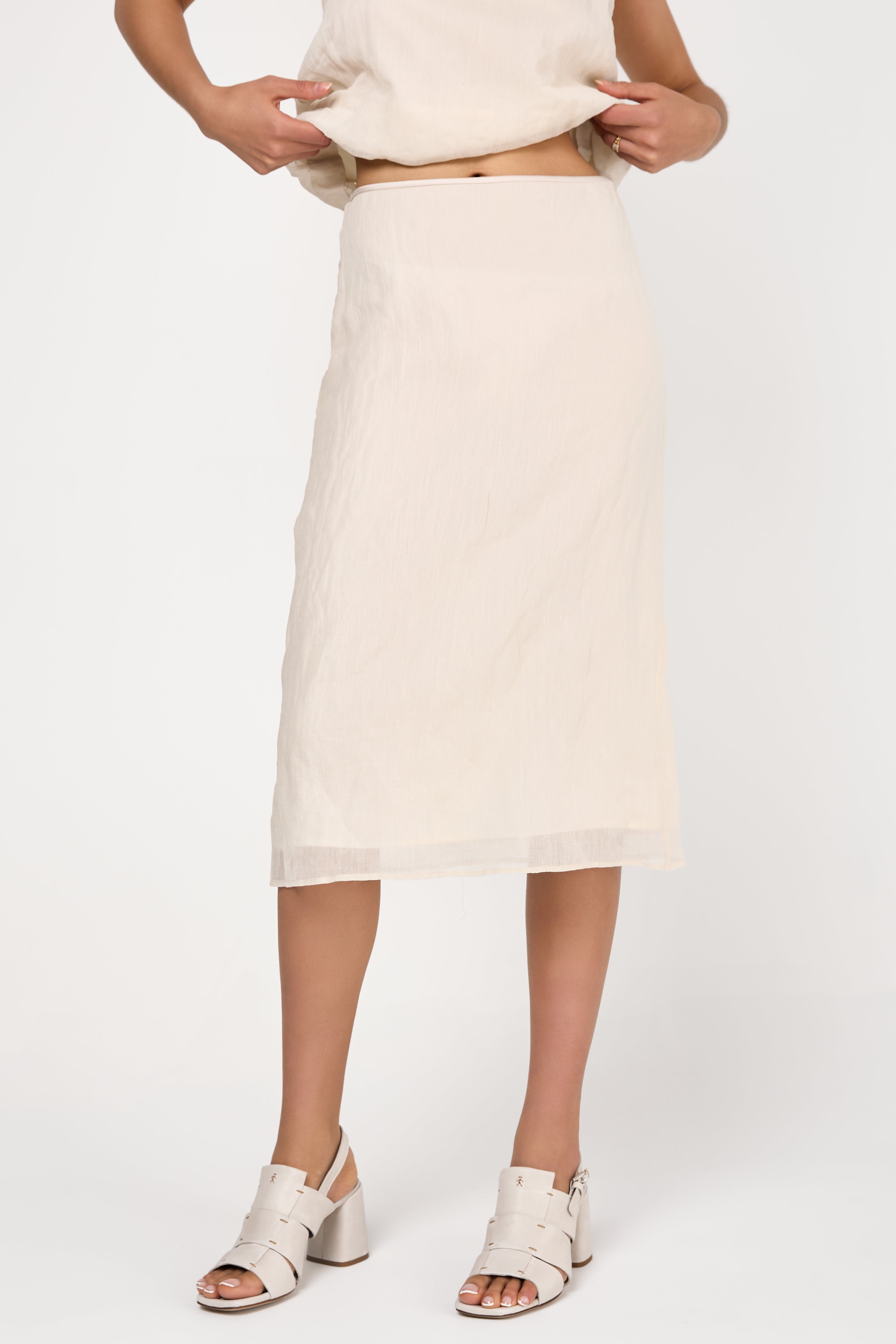 Lined Crushed Organza Midi Skirt in Almond White