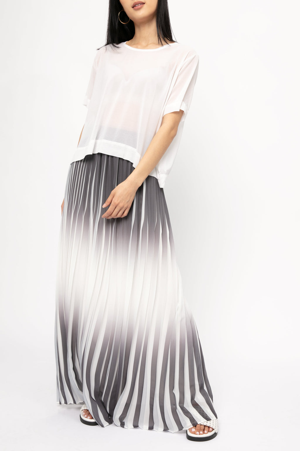 Maxi Plissé Skirt in White and Shadow Blue