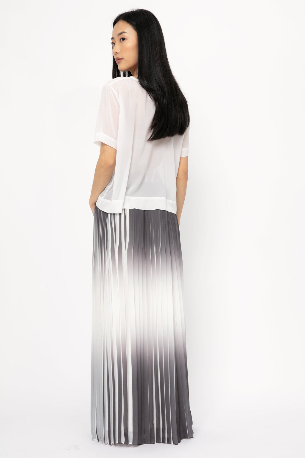 Maxi Plissé Skirt in White and Shadow Blue