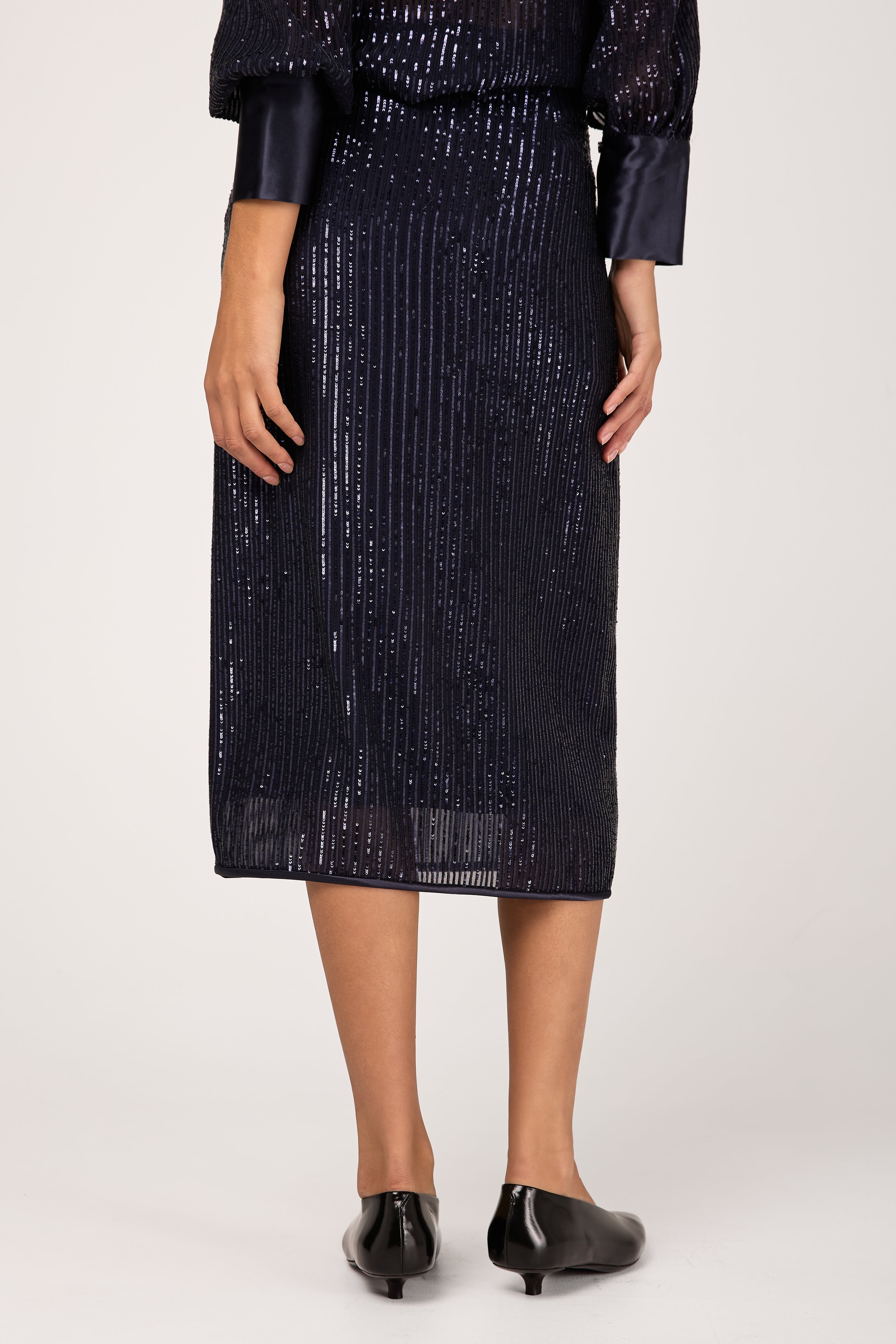 Sequinned Pinstripe Midi Skirt in Blue Starry Sky