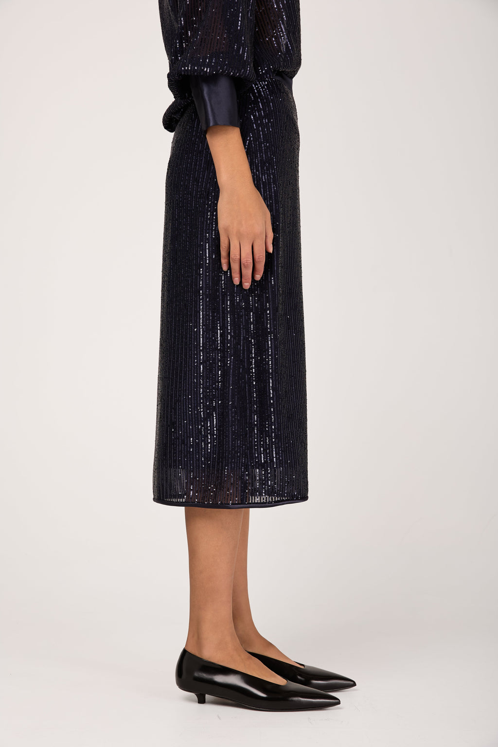 Sequinned Pinstripe Midi Skirt in Blue Starry Sky