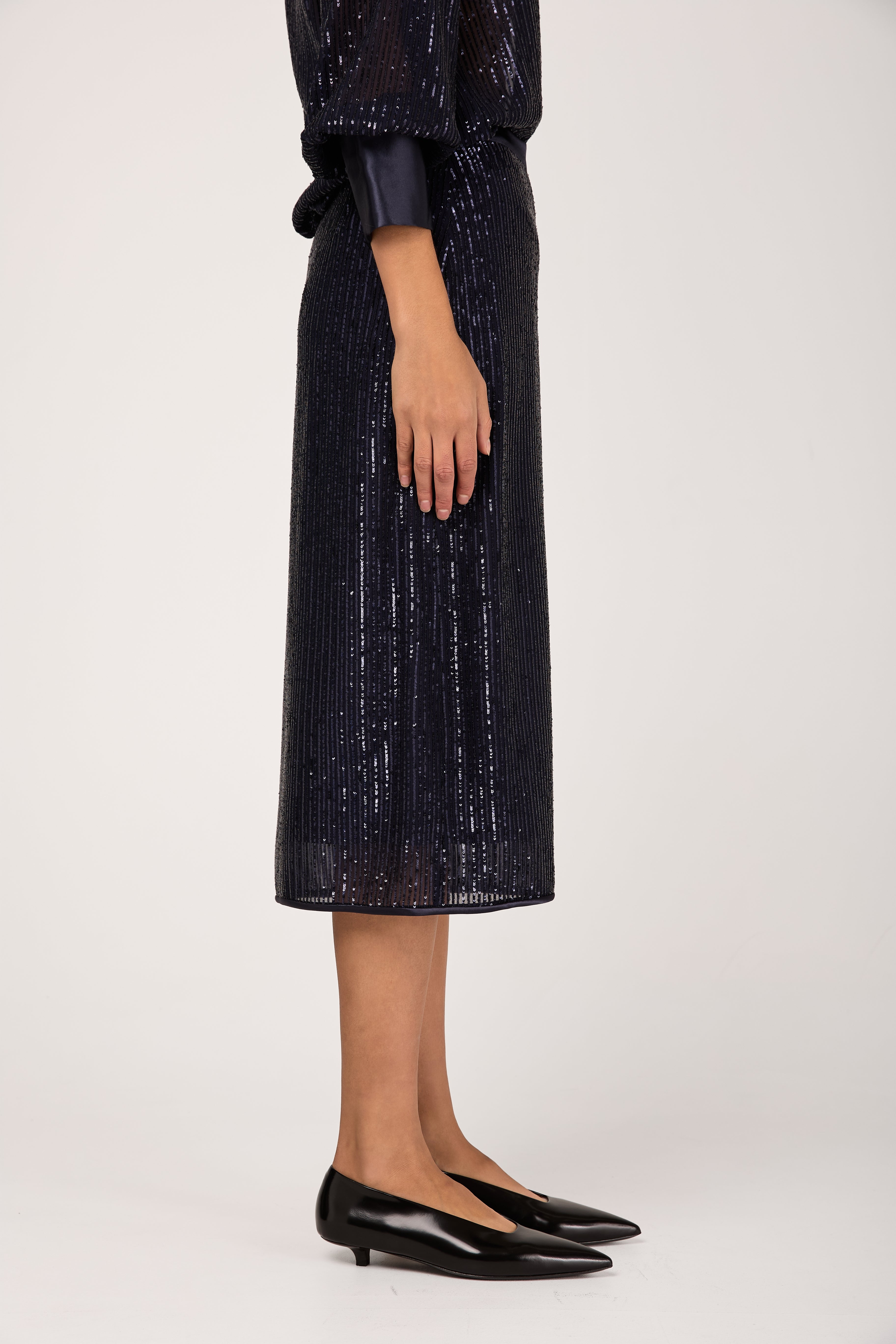Sequinned Pinstripe Midi Skirt in Blue Starry Sky