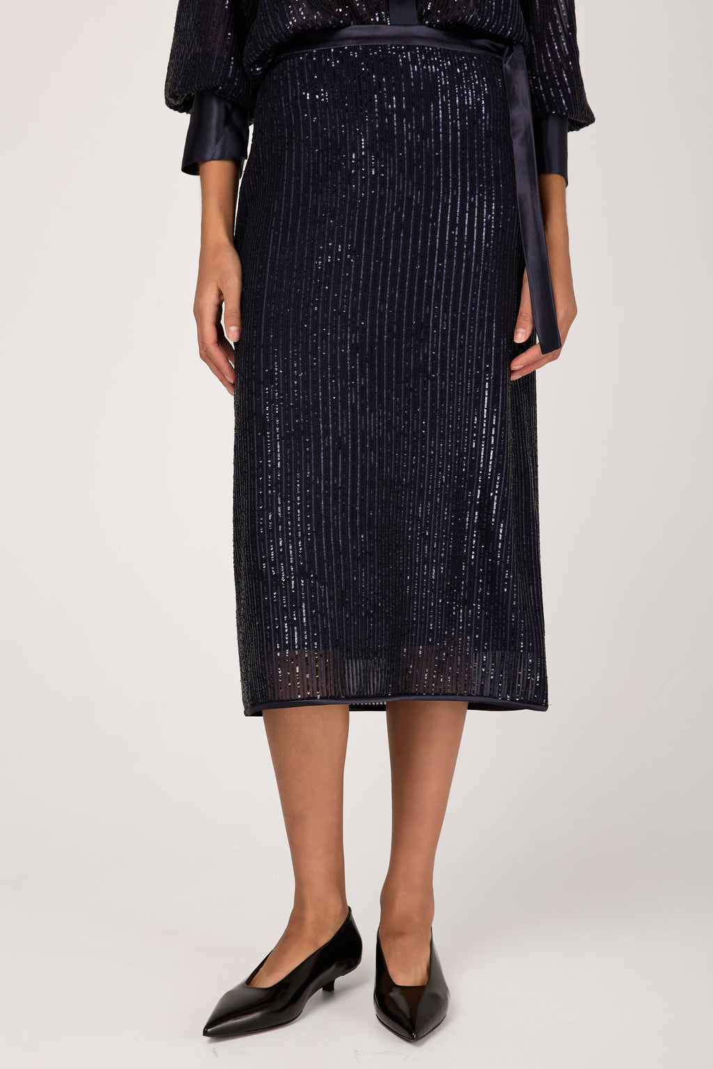 Sequinned Pinstripe Midi Skirt in Blue Starry Sky