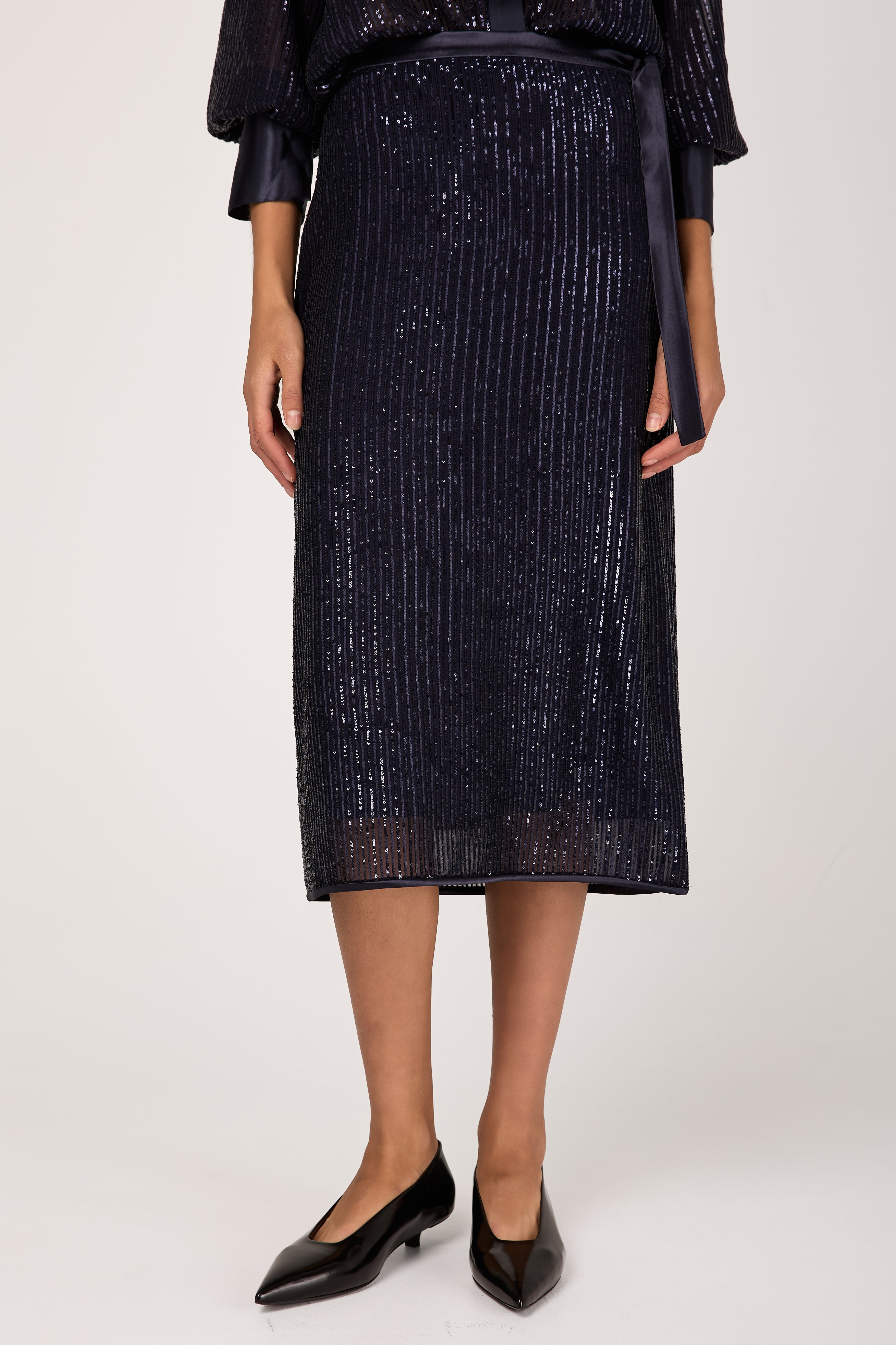 Sequinned Pinstripe Midi Skirt in Blue Starry Sky