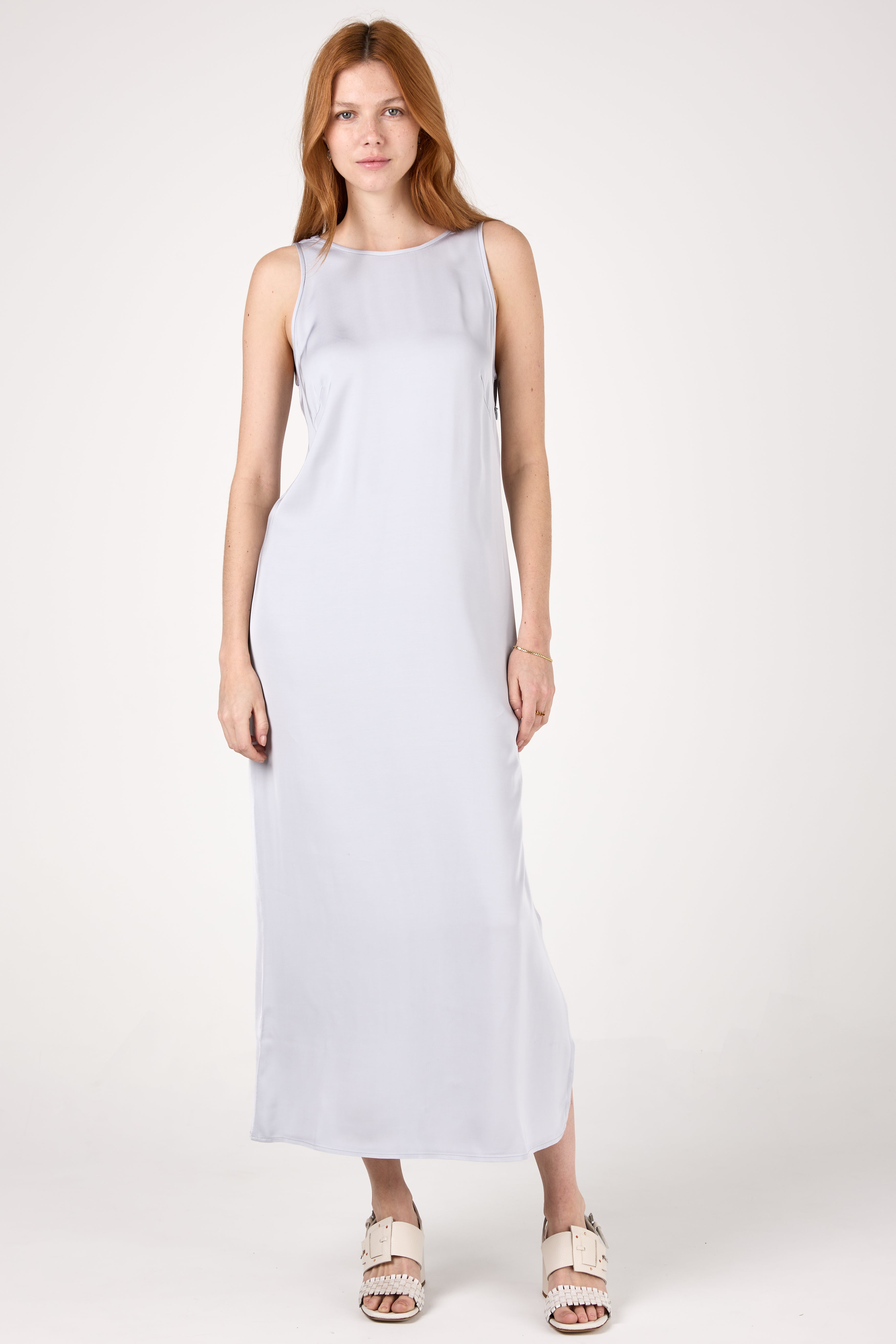 Viscose Satin Long Dress in Crystal Blue