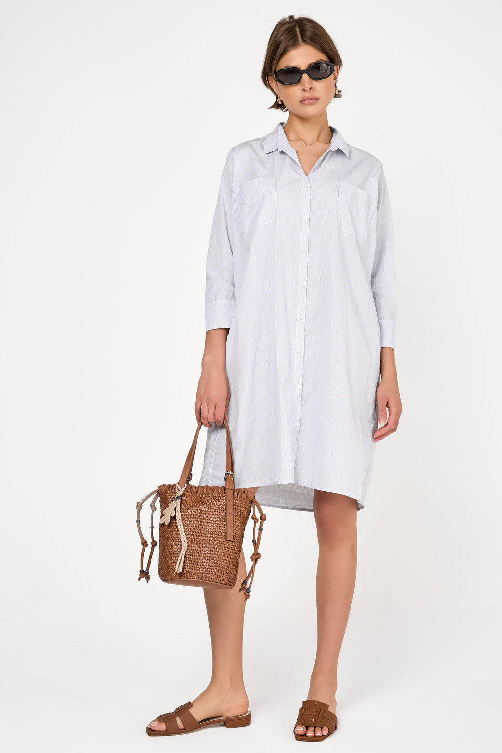 Fine Cotton Poplin Shirt Dress in Blue Stripe