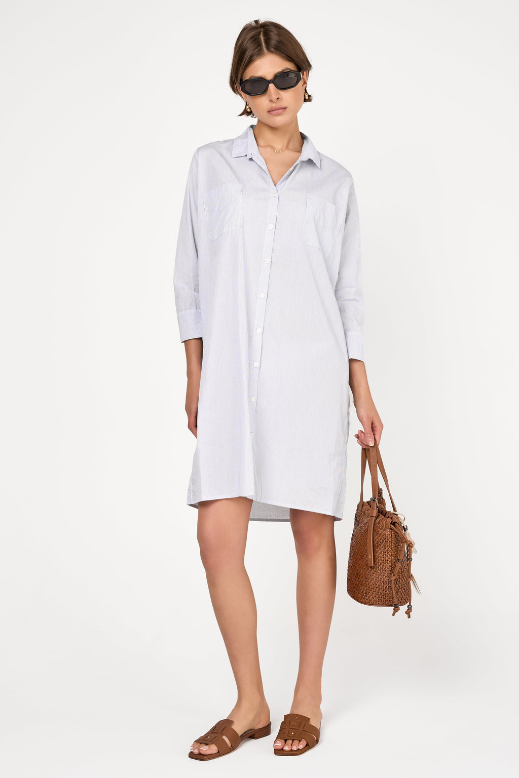 Fine Cotton Poplin Shirt Dress in Blue Stripe