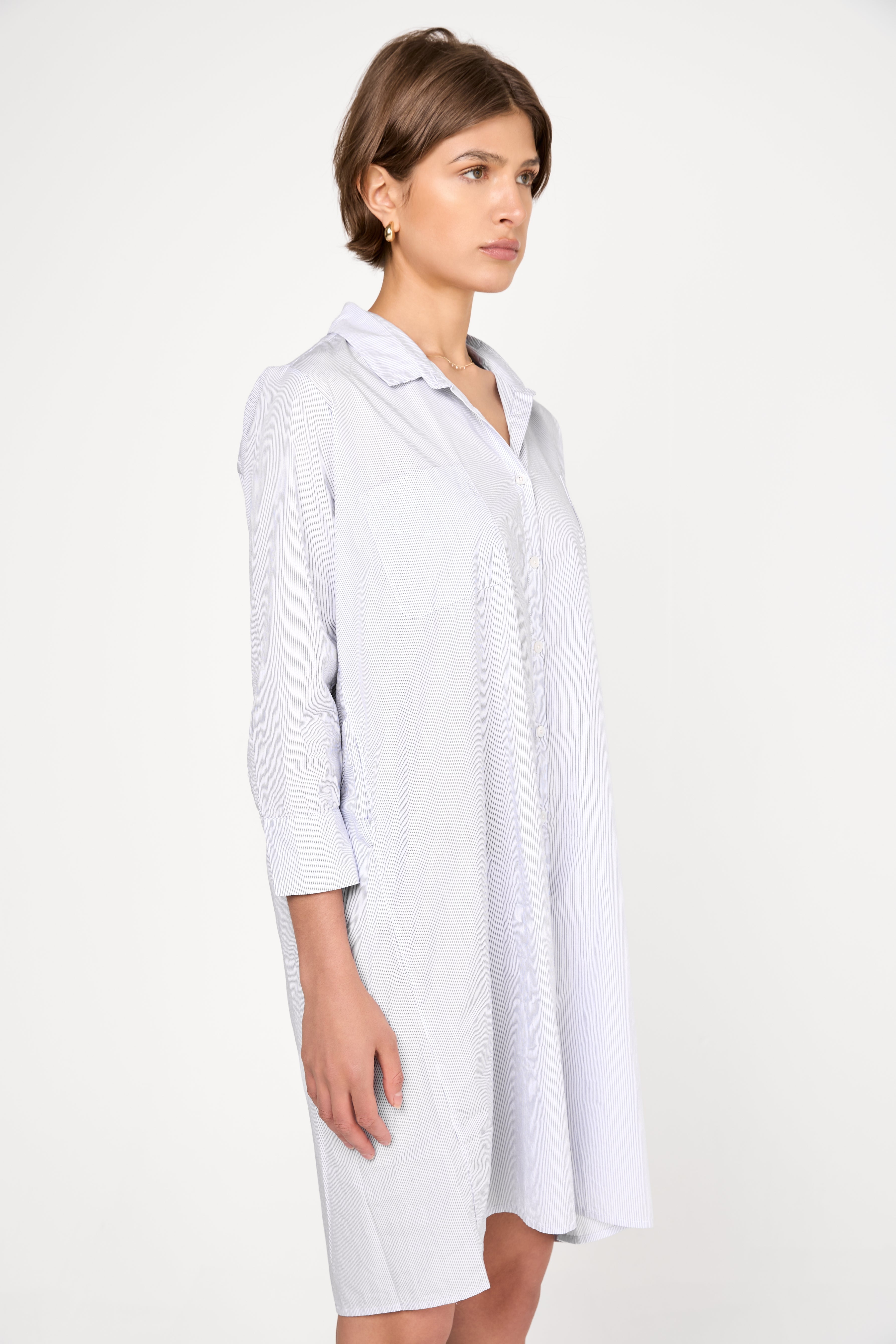 Fine Cotton Poplin Shirt Dress in Blue Stripe