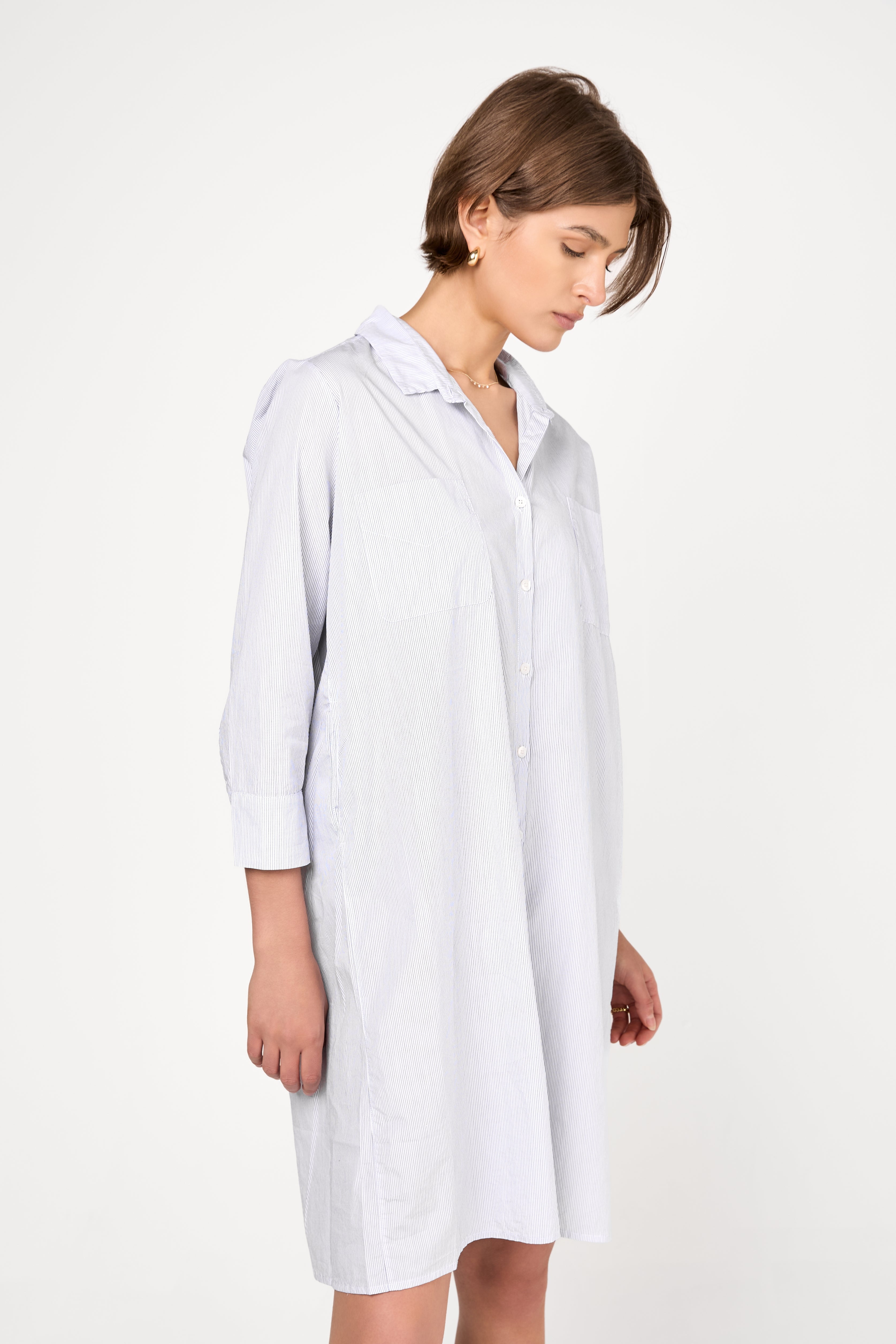 Fine Cotton Poplin Shirt Dress in Blue Stripe