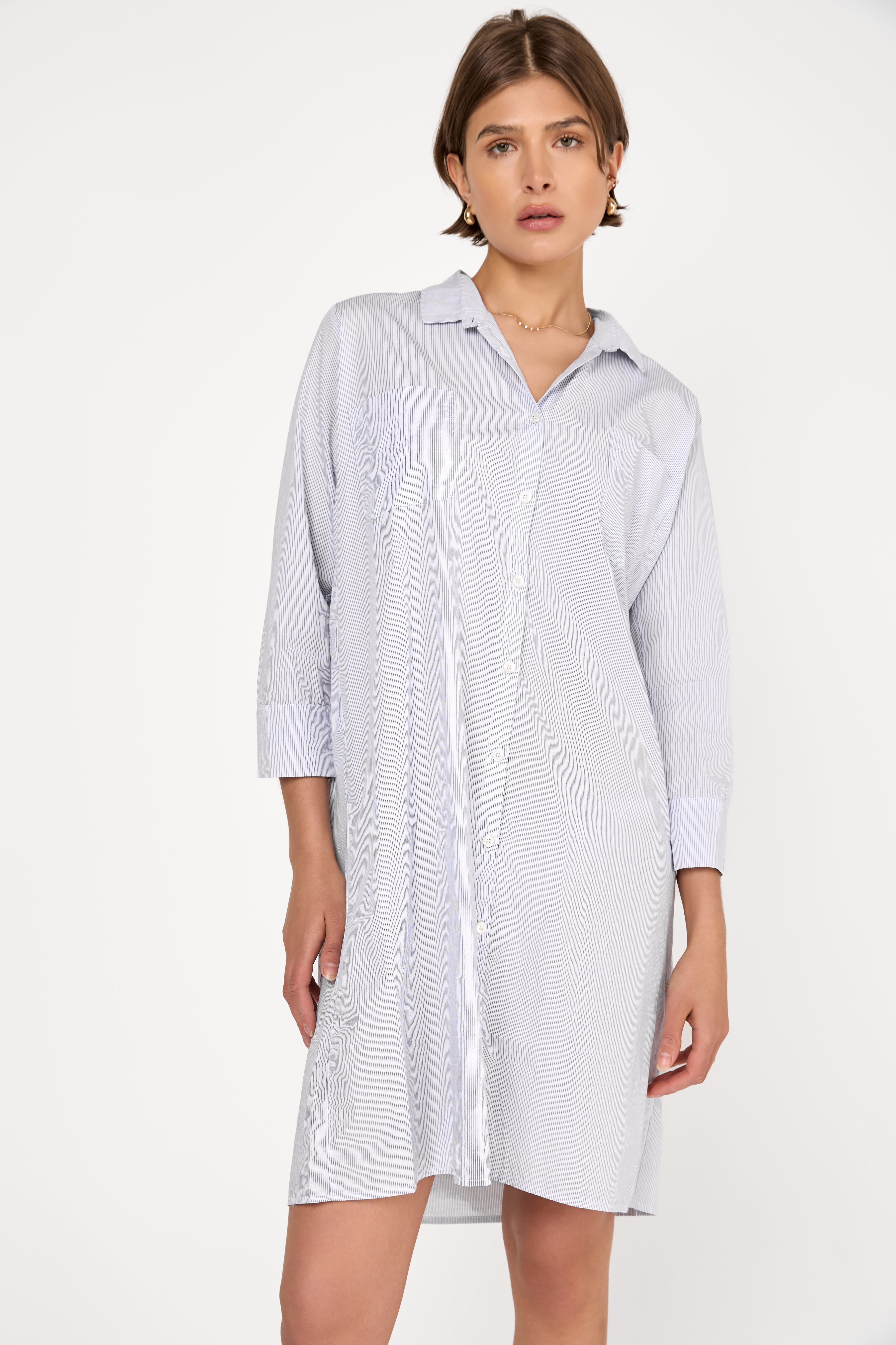 Fine Cotton Poplin Shirt Dress in Blue Stripe