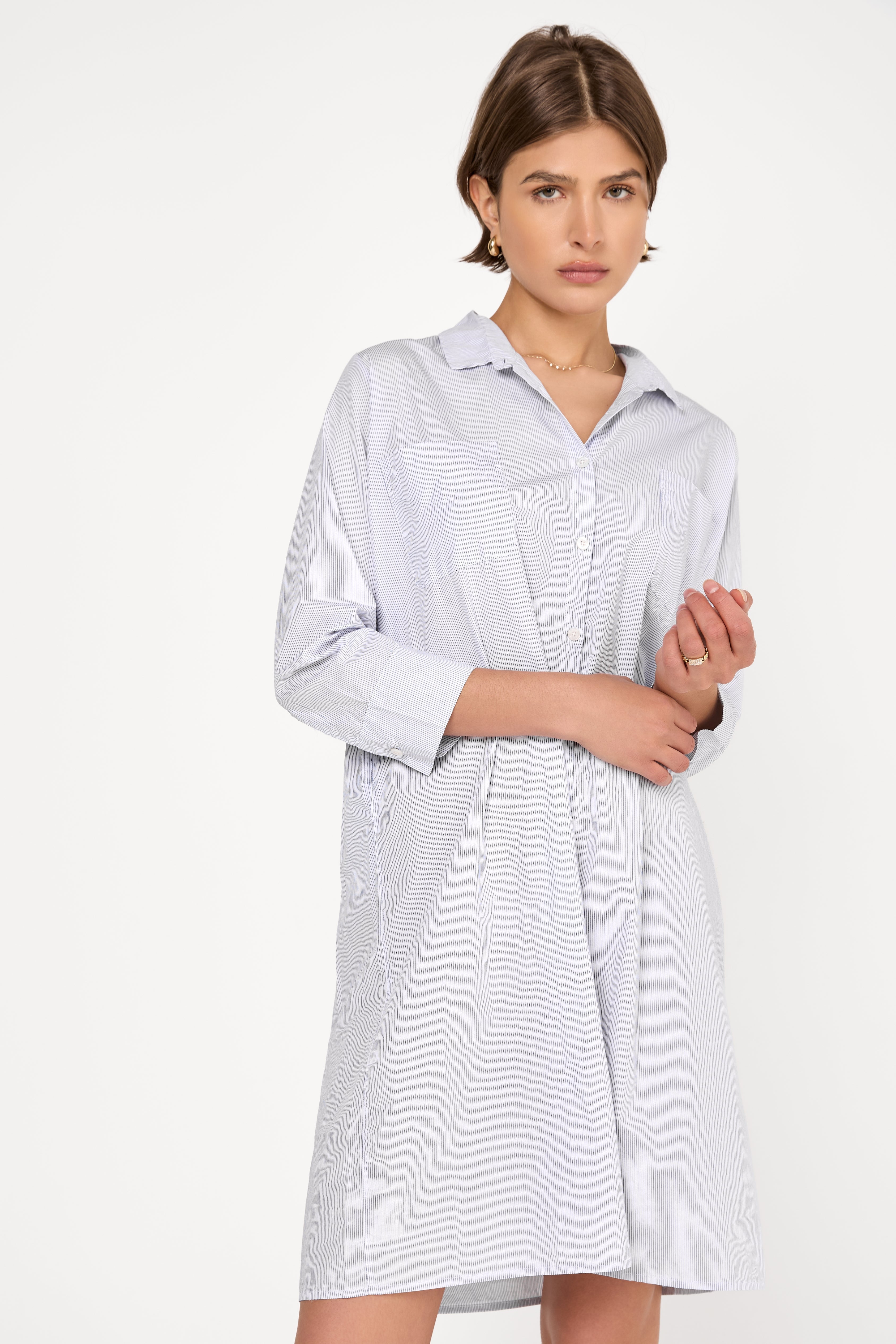Fine Cotton Poplin Shirt Dress in Blue Stripe