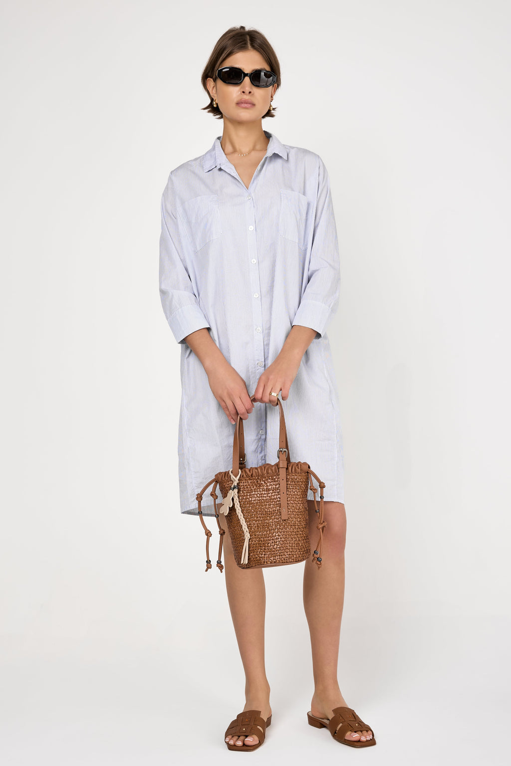 Fine Cotton Poplin Shirt Dress in Blue Stripe