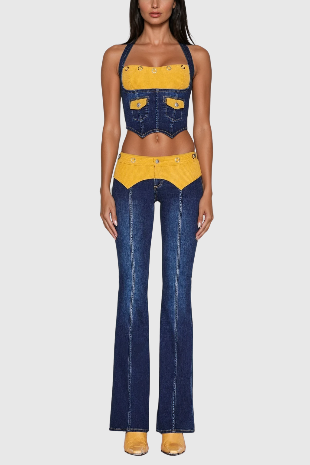 Zaki Halter Neck Deconstruct Denim Pants Set