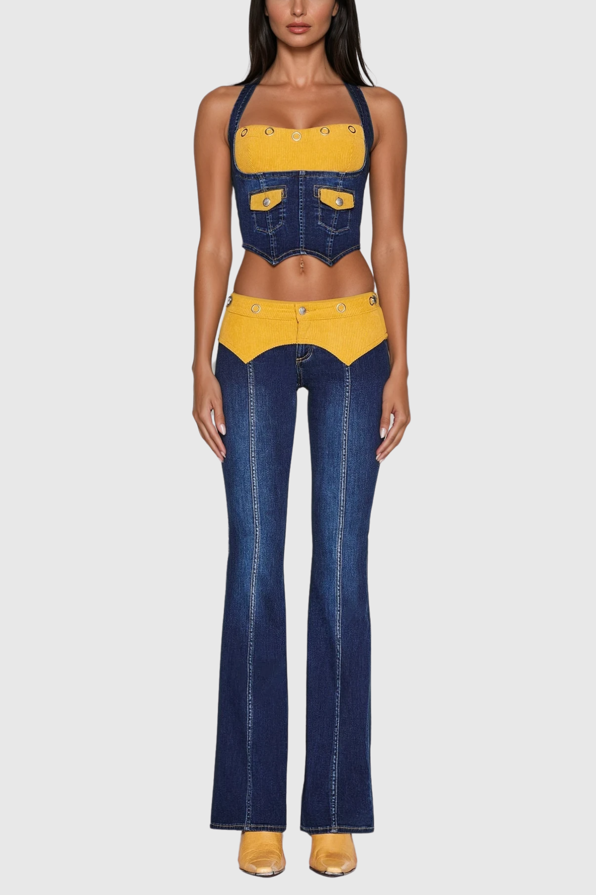 Zaki Halter Neck Deconstruct Denim Pants Set