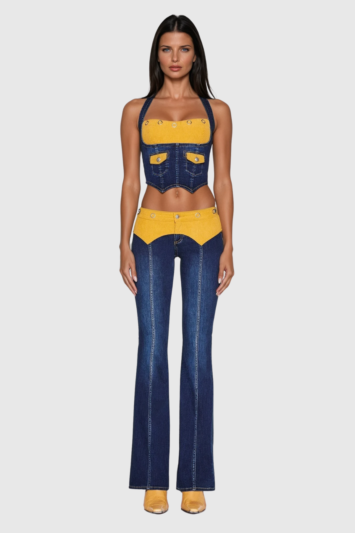 Zaki Halter Neck Deconstruct Denim Pants Set