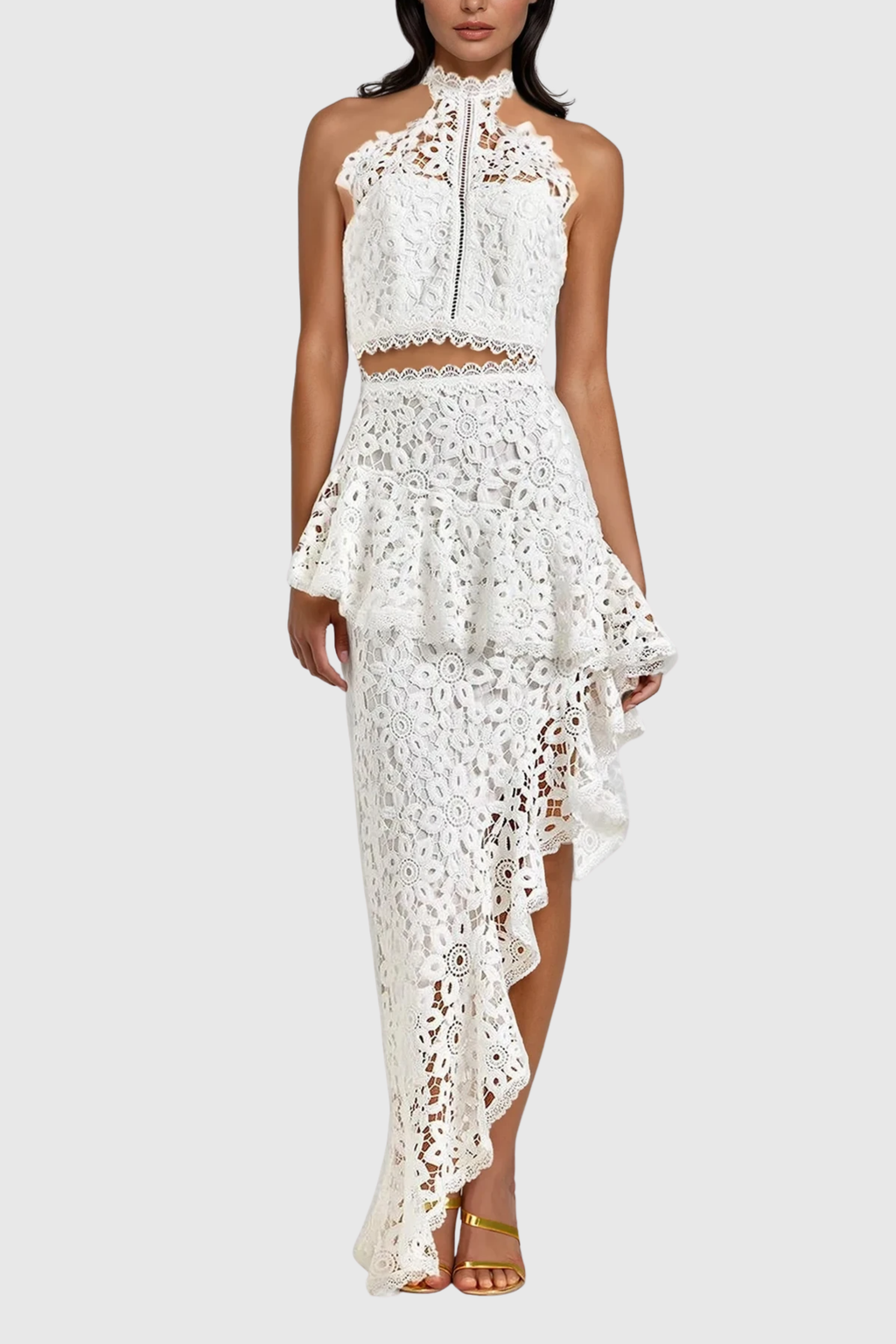 Zan Halter Neck Asymmetric Lace Maxi Skirt Set
