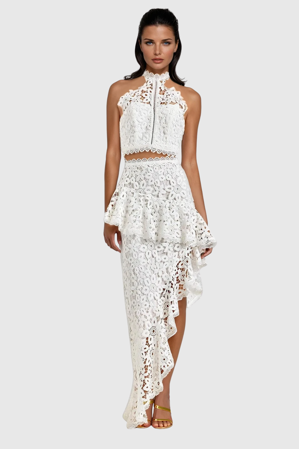 Zan Halter Neck Asymmetric Lace Maxi Skirt Set