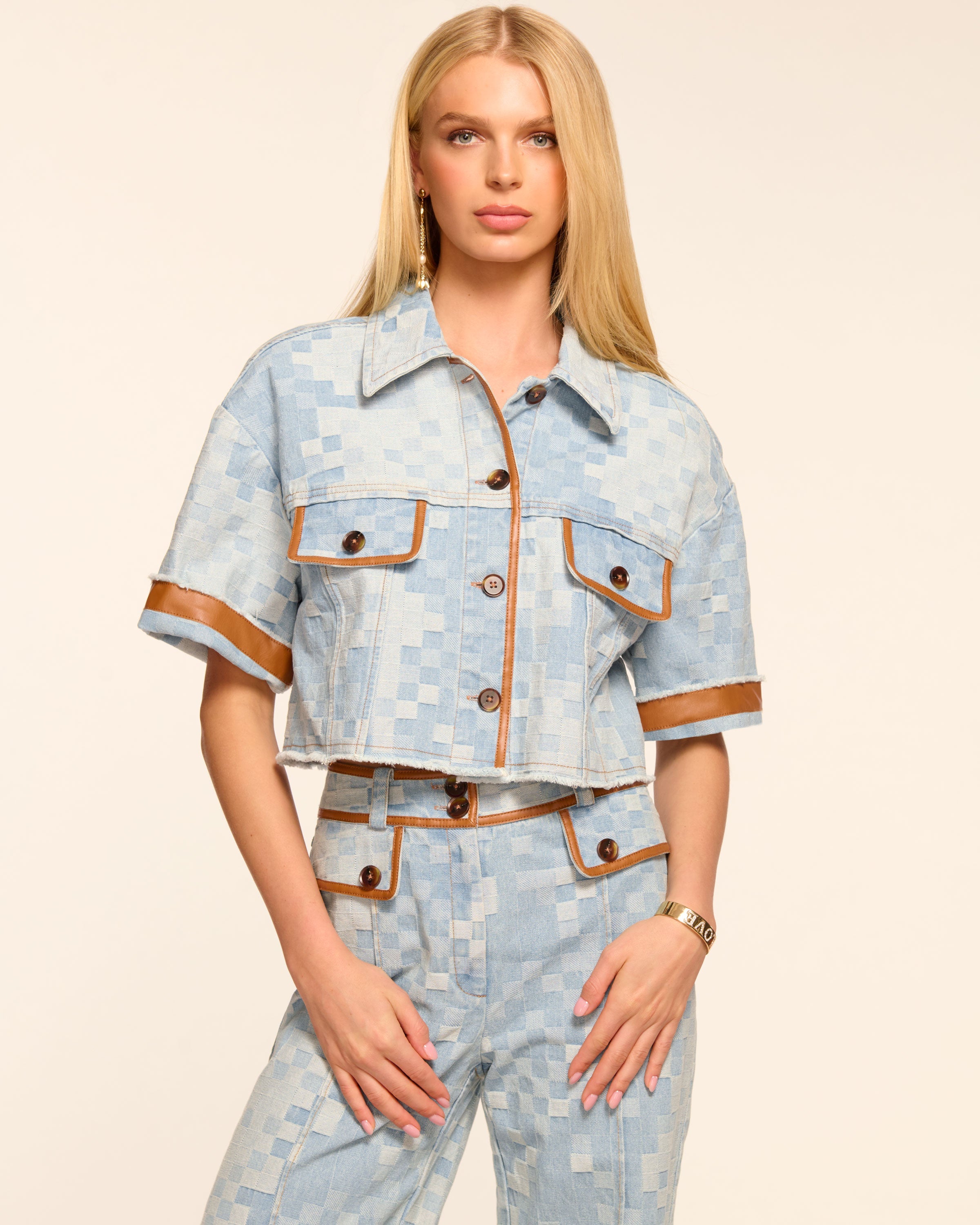 Melanie Short Sleeve Checkered Jean Jacket