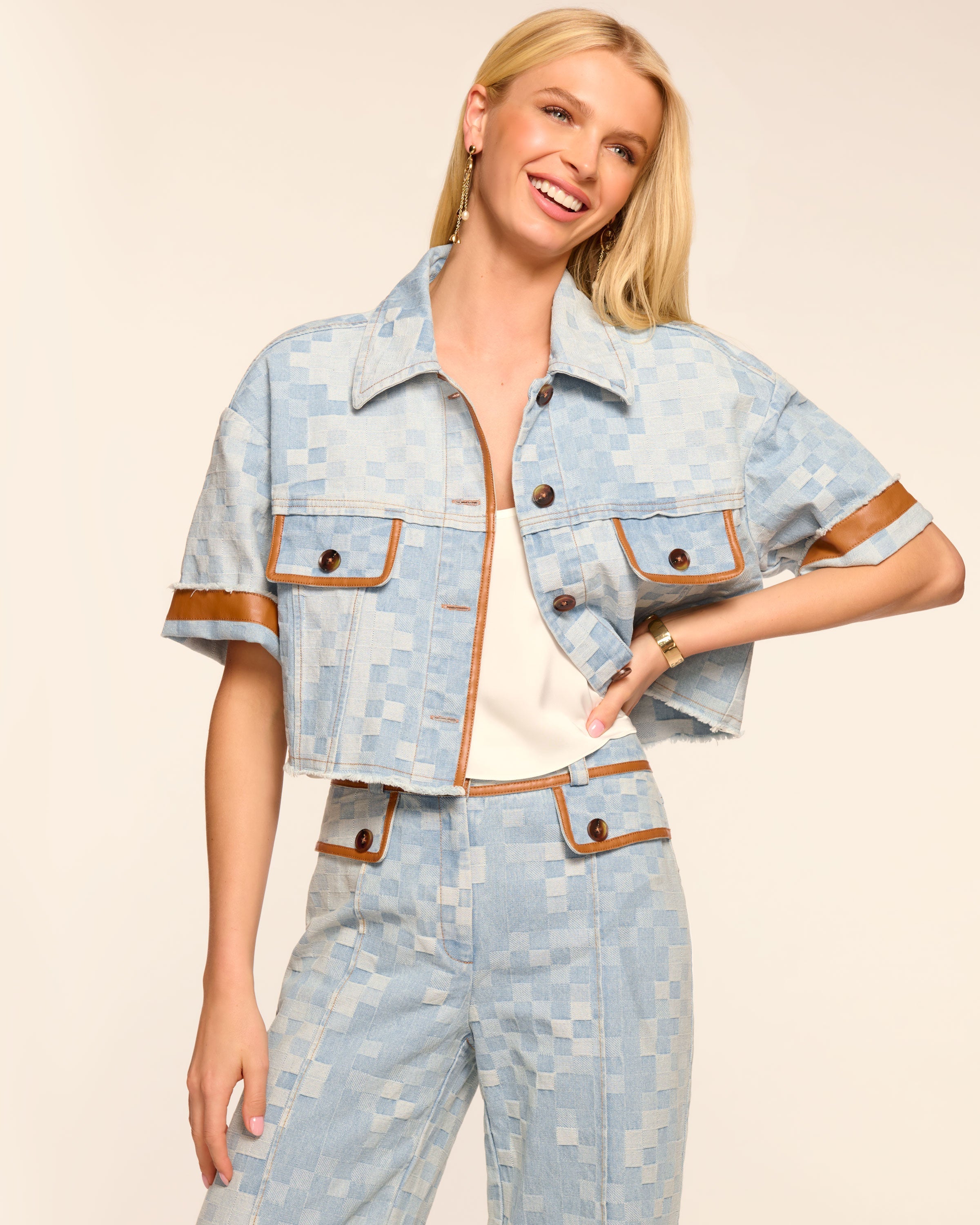 Melanie Short Sleeve Checkered Jean Jacket